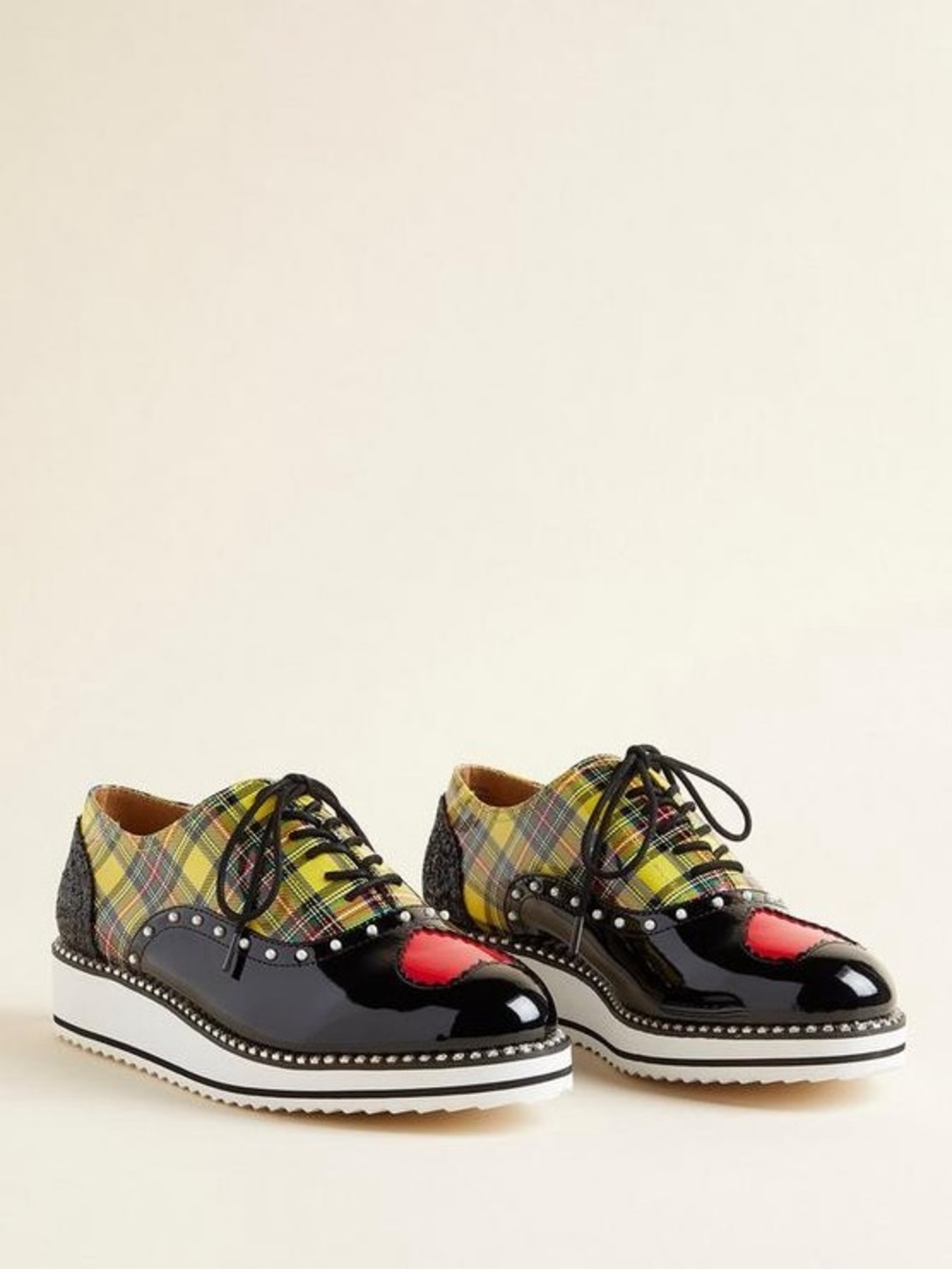 torrid Black Patent Plaid Wingtip Oxfords with Red Accent